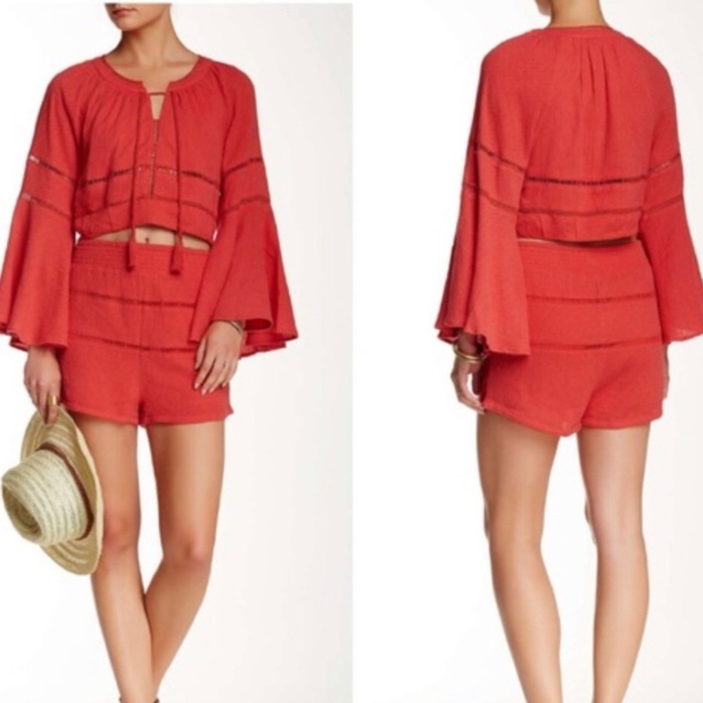 NWOT! Free People Mi Corazon Matching Shorts and Bell Sleeved Shirt Set in Red